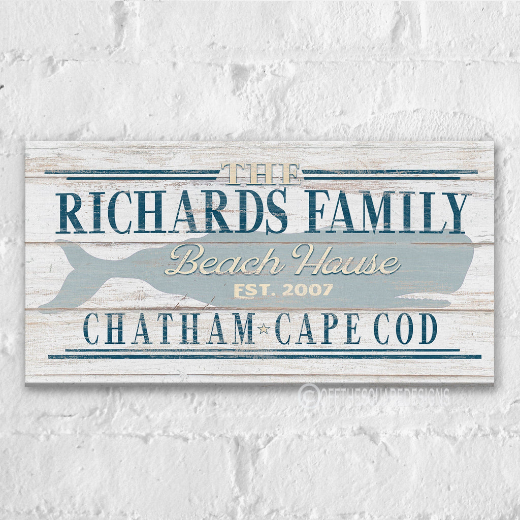 Beach House Family Name Whale Sign | Personalized Beach House Canvas Wall Decor