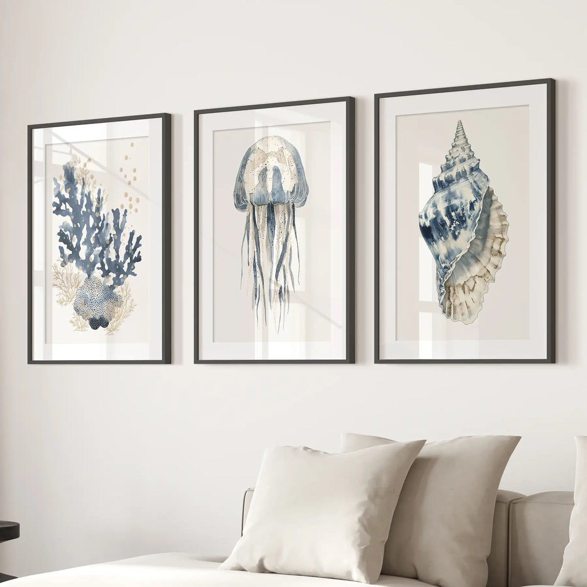 Beach House Wall Art Set. Blue Coral, Jellyfish, Shell